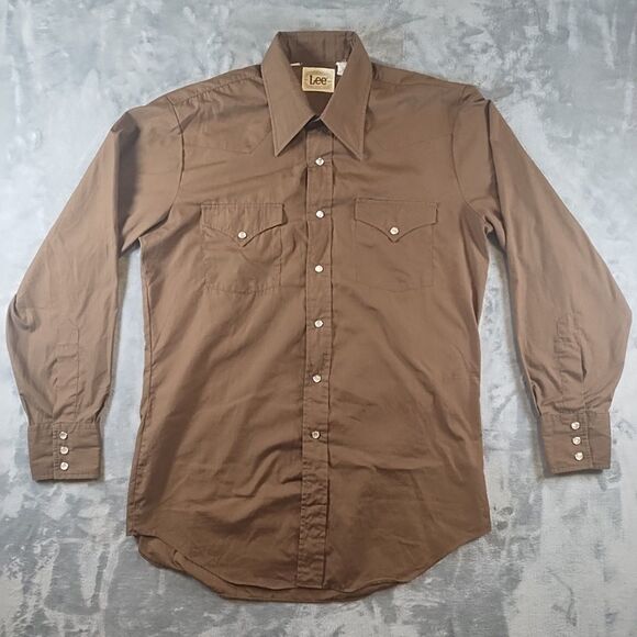 Vintage Lee Shirt Men Brown Extra Long Tails Button Up Pearl Snaps Ranch - Picture 1 of 5